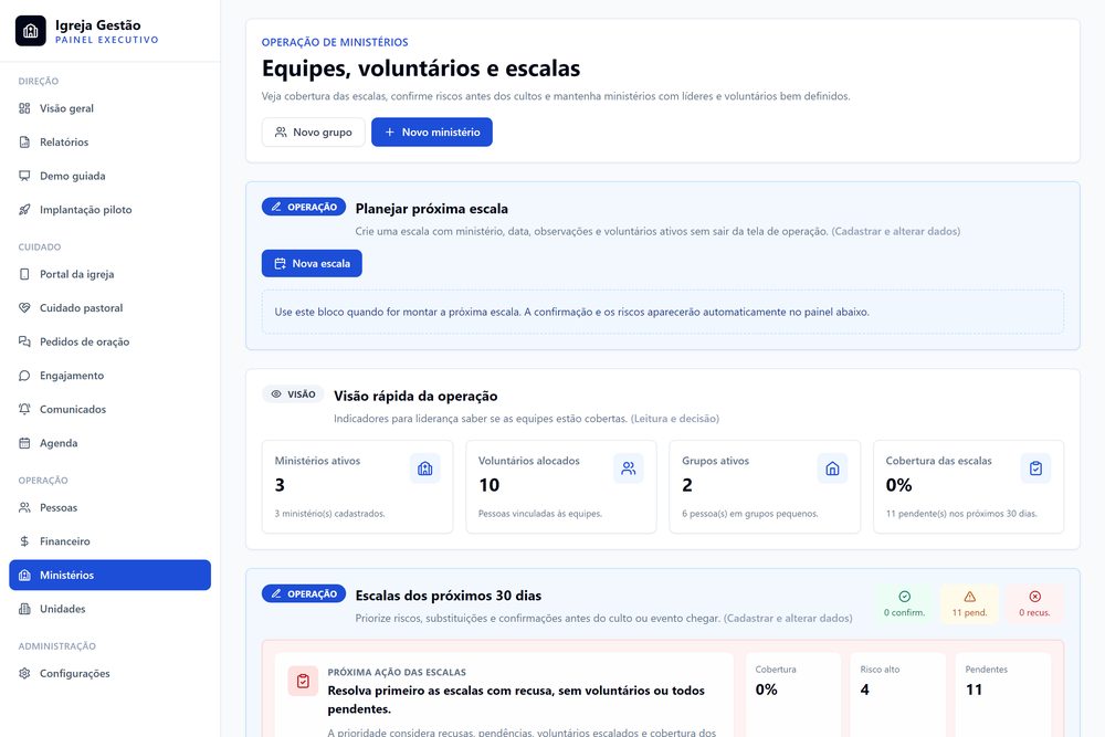 Tela de ministérios e escalas do Cuidaly Igrejas