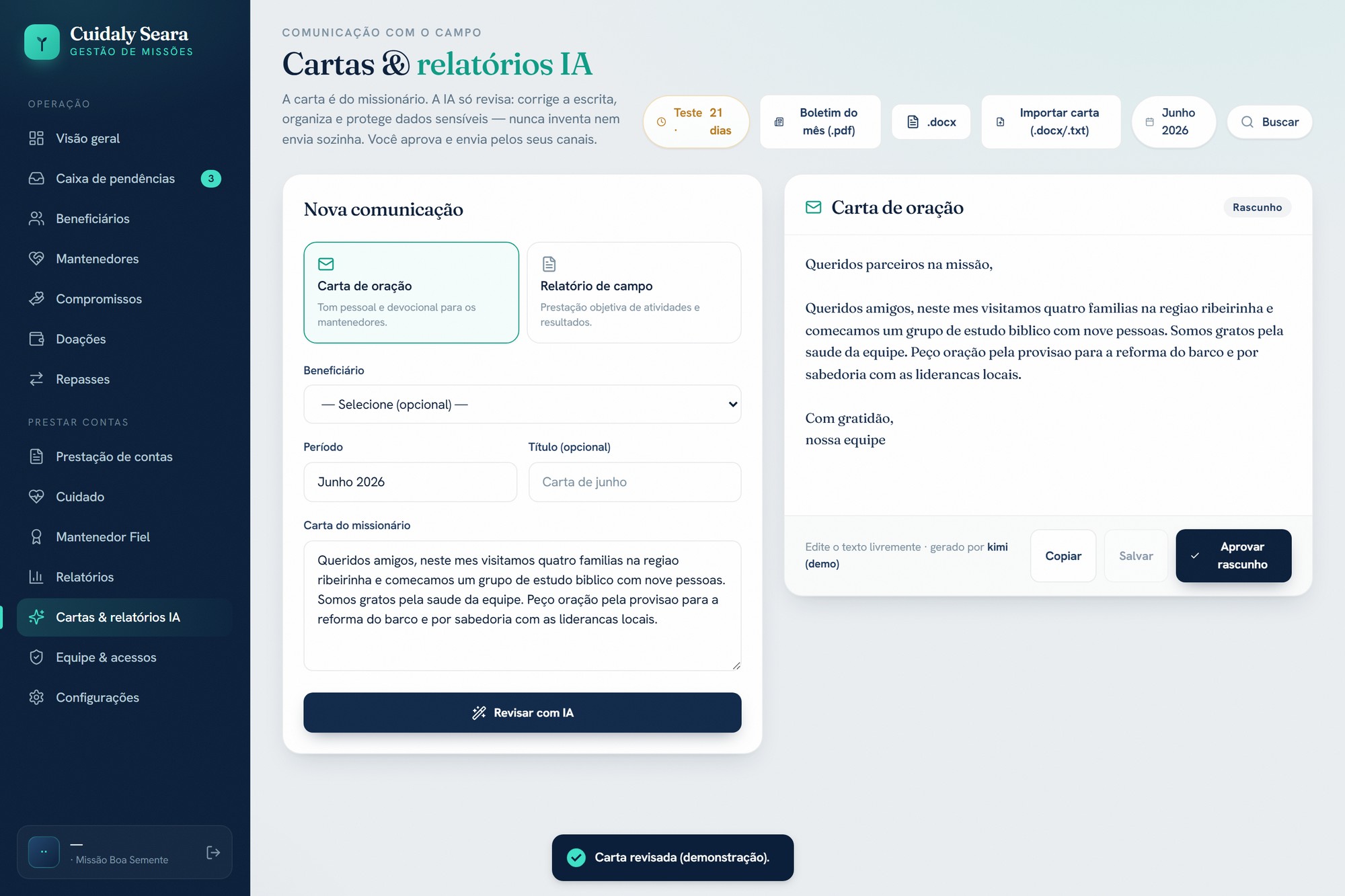 Tela de cartas do Cuidaly Seara: o missionário escreve e a IA revisa o texto