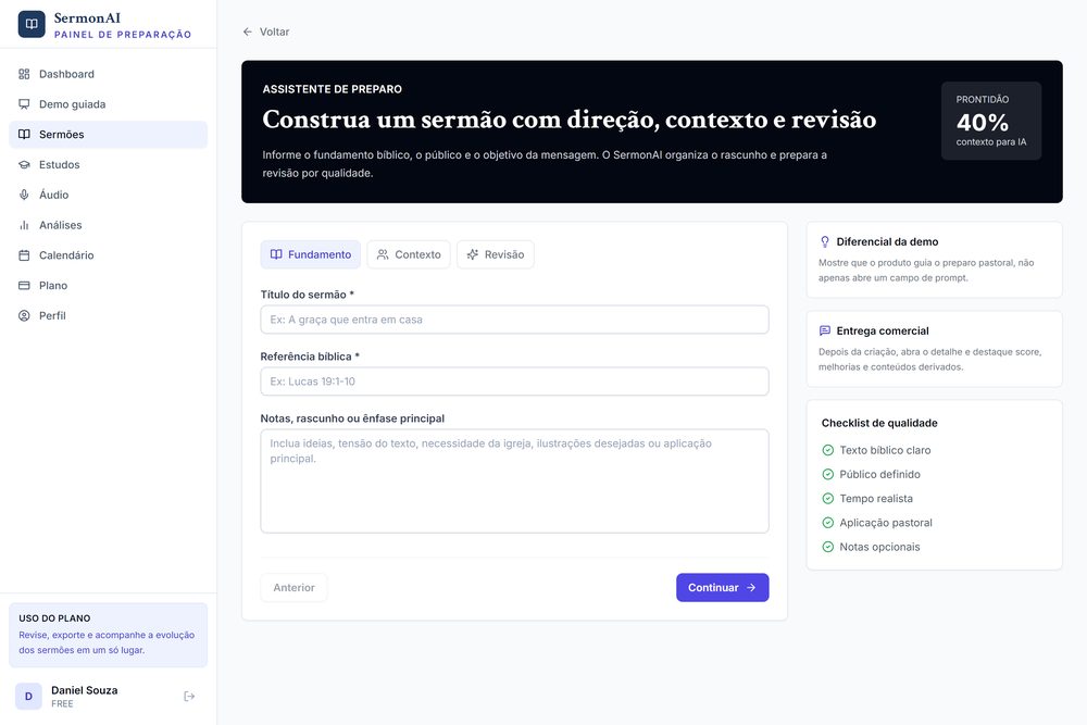 Tela de criação de sermão do Cuidaly SermonAI