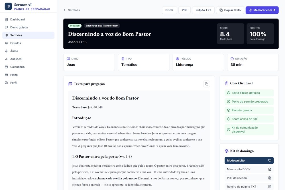 Tela de revisão e materiais derivados do Cuidaly SermonAI